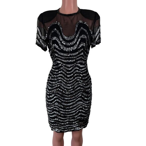 A.J. Bari VINTAGE 80s Sequin 100% silk Dress Cocktail Knee-length evening event - Picture 1 of 11